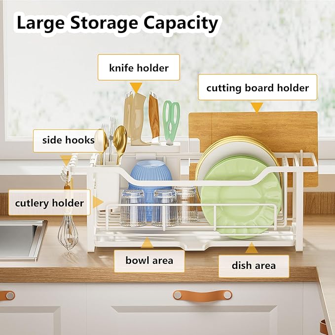 AIDERLY Narrow Dish Drying Rack for Kitchen Counter Auto Drain Iron Dish Drainer with Removable Cutlery Basket, White