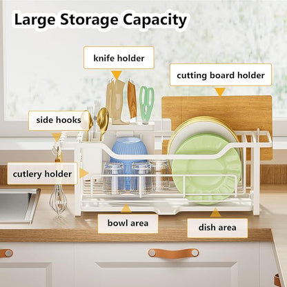 AIDERLY Narrow Dish Drying Rack for Kitchen Counter Auto Drain Iron Dish Drainer with Removable Cutlery Basket, White