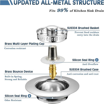 Kitchen Sink Drain Strainer 3 in 1, 304 Stainless Steel Pop Up Sink Stopper, Anti-Clogging Sink Drain Strainer for US Standard Kitchen Drain (Chrome)