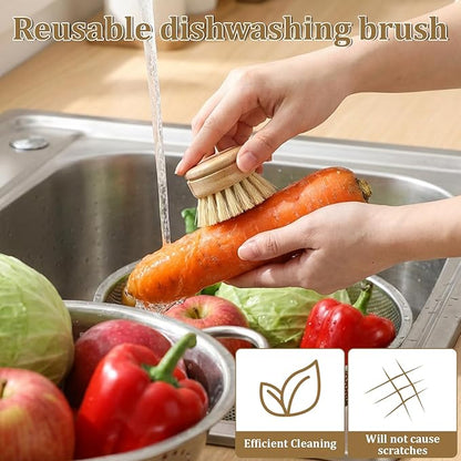 8 Pcs Bamboo Dish Brush with Handle, Natural Sisal Bristle Scrubber Includes 7 Replacement Brush Heads Wooden Kitchen Dish Brushes for Pots, Pans, Bowls, Dishes Cleaning