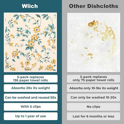 wlich 5PCS Swedish Dishcloths for Kitchen, Reusable Dish Rags for Washing Dishes with Clips, Non-Scratch Kitchen Towels and Dishcloths Sets, Washable Swedish Dish Cloths, No Odor(Plant)