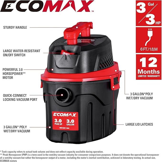 ECOMAX Small Shop Vacuum Wet/Dry 3 Gallon, 3 Peak HP, Small Shop Wet Dry Vac with Accessories, 3-in-1 Mini Shop Vacuum with Blower Function for Home, Car Detailing, Workshop, EM18910P-3