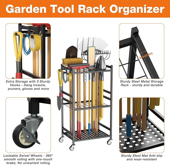Heavy Duty Garden Tool Rack with Wheels Freestanding Organizer Holds Up to 40 Long Tools – Rakes, Shovels, Brooms, Metal Yard Tool for Garage, Shed & Outdoor Storage, Black