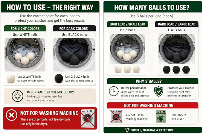 Wool Dryer Balls – 6 XL Organic New Zealand Wool Dryer Balls | Reduce Drying Time, Anti-Static & Wrinkle Reducing | Reusable Fabric Softener Alternative (White & Black Set)