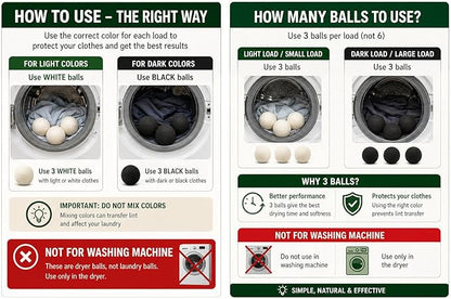 Wool Dryer Balls – 6 XL Organic New Zealand Wool Dryer Balls | Reduce Drying Time, Anti-Static & Wrinkle Reducing | Reusable Fabric Softener Alternative (White & Black Set)