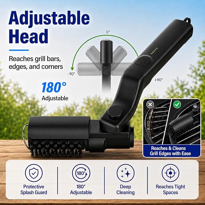Electric Grill Brush, Cordless BBQ Cleaner for Gas, Charcoal and Smoker Grates, 3 Speed 300 to 400 RPM, 90 Min Runtime, 180 Degree Adjustable Head, Type C Rechargeable