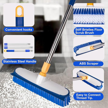 Floor Scrub Brush - 2 in 1 Deck Scrub Brush with Long Handle for Tile, Deck, Patio, Marble, Garage, Wall, Kitchen, Bathroom