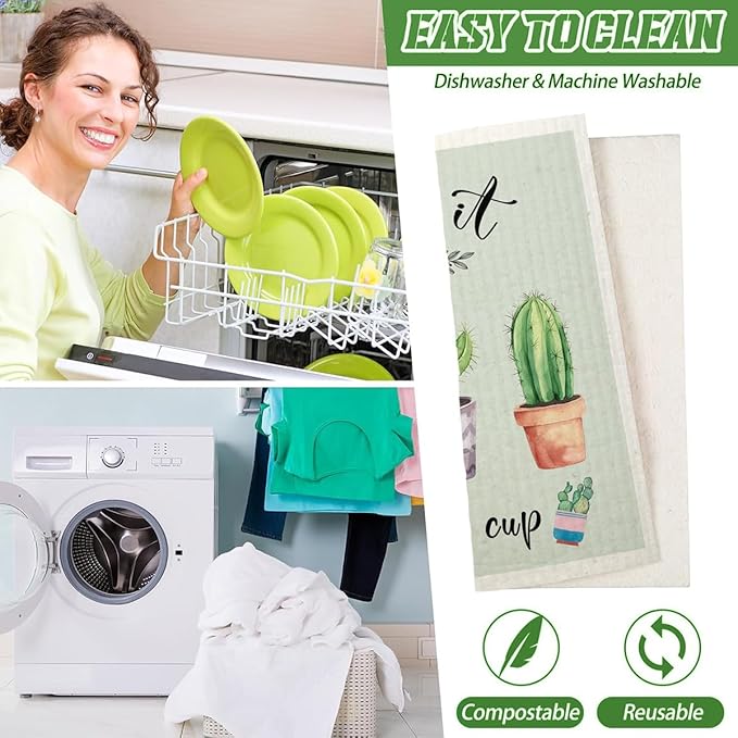 Swedish Dishcloths for Kitchen | 6 Pack Floral Reusable Paper Towels Washable | Swedish Dish Towels | Non-Scratch Cellulose Sponge Cloths | No Odor, Biodegradable Cleaning Cloths, Cactus