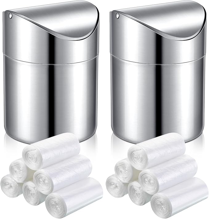 2 Pcs Desk Trash Can with Swing Lids, 12 Rolls of Trash Bags, 2L Brushed Stainless Steel Countertop Garbage Bin Small Wastebasket with Lid for Office Desk, Coffee Table(Silver)