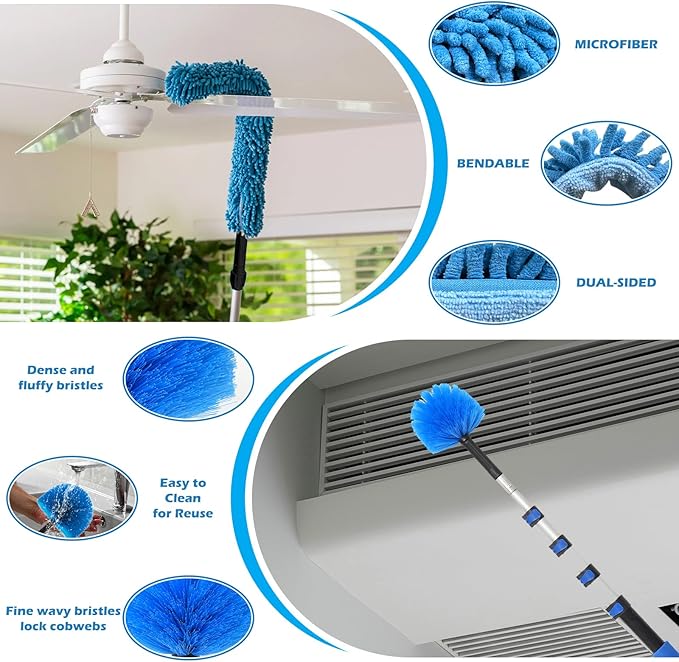 16FT Reach High Ceiling Duster Kits with 3-12FT Adjustable Pole - Includes Extra Long Duster, High Ceiling Duster, Rotatable Window Squeegee & Cobweb Duster for Ceiling Fans and Whole House Cleaning