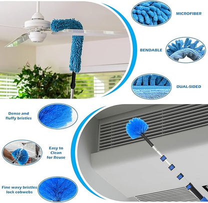 16FT Reach High Ceiling Duster Kits with 3-12FT Adjustable Pole - Includes Extra Long Duster, High Ceiling Duster, Rotatable Window Squeegee & Cobweb Duster for Ceiling Fans and Whole House Cleaning