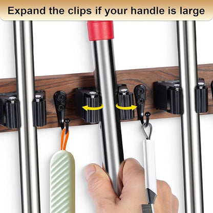 FunCee Broom Holder Wall Mount With 5 Slots & 4 Hooks，Rustic Wood Broom & Mop Hanger，Wall Mounted Garden & Garage Tool Storage Organizer Rack for Closet Laundry Room or Kitchen Wall Decor