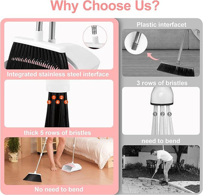 Broom with Dustpan Combo Set for Home, 52-in Long Adjustable Handle Angle Broom and Dustpan Set with Dustpan Comb Teeth for Sweeping Pet Hair Food Dirt Kitchen