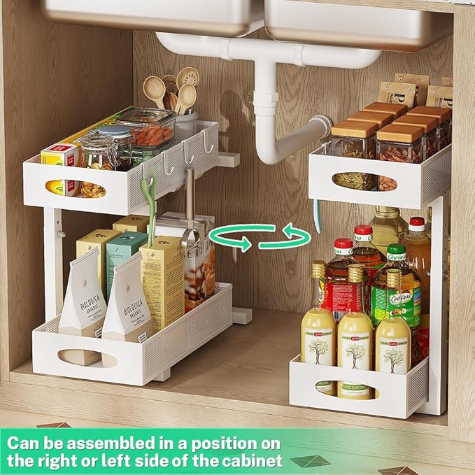 2 Pack Under Sink Pull Out Organizer, 2-Tier Adjustable Height Carbon Steel Storage Rack for Kitchen and Bathroom Cabinet, White