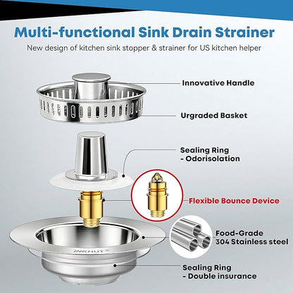 Upgraded 3 in 1 Kitchen Sink Drain Strainer - Stainless Steel Sink Stopper, Anti-Clogging Sink Food Catcher Basket, Fast Drainage Odor Filter Sink Plug for US Standard 3 1/2 inch Drain (Silver-2Pack)