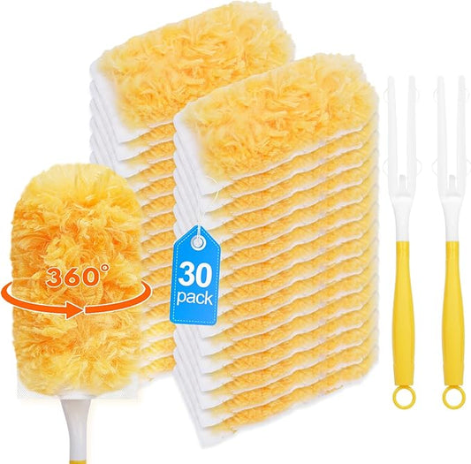 32 Count Duster Refill Compatible with Swiffer Duster Handle, 360° Heavy Duty Dusters Refills with 2 Detachable Handles Compatible with Swiffer Dusters for Cleaning, Blinds & Ceiling Fan