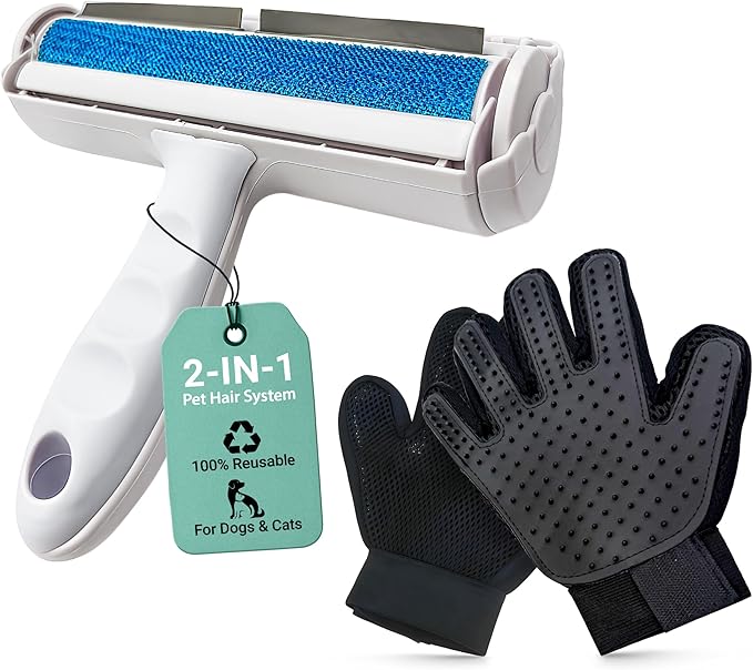 Pet Hair Remover Roller with 2 Grooming Gloves – Reusable Lint Remover for Dogs and Cats (Blue)