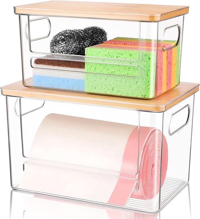 Trash Bag Holder Dispenser 2 Pack, Garbage Bag Dispenser with Bamboo Lid & Handles, Stackable Clear Trash Bag Organizer Under Sink for Kitchen, Pantry, Laundry Room, Cabinet (XL+S)