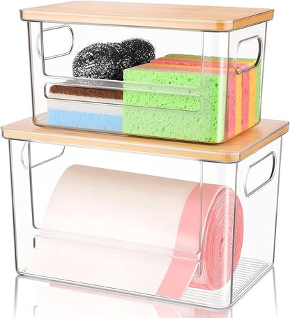 Trash Bag Holder Dispenser 2 Pack, Garbage Bag Dispenser with Bamboo Lid & Handles, Stackable Clear Trash Bag Organizer Under Sink for Kitchen, Pantry, Laundry Room, Cabinet (XL+S)