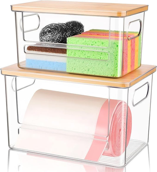 Trash Bag Holder Dispenser 2 Pack, Garbage Bag Dispenser with Bamboo Lid & Handles, Stackable Clear Trash Bag Organizer Under Sink for Kitchen, Pantry, Laundry Room, Cabinet (XL+S)