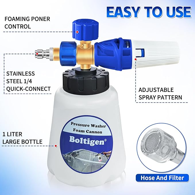 Pressure Washer Foam Cannon with Dual-Connector Tool, Pressure Washer Foam Lance Jet Wash Sprayer with M22-14 and 1/4 Inch Quick Connect, Adjustable Soap Dispenser, 1 Liter, 1/4 Double Tip Attachment