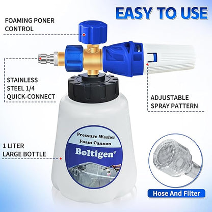 Pressure Washer Foam Cannon with Dual-Connector Tool, Pressure Washer Foam Lance Jet Wash Sprayer with M22-14 and 1/4 Inch Quick Connect, Adjustable Soap Dispenser, 1 Liter, 1/4 Double Tip Attachment
