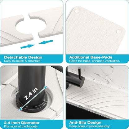 SpaceHacks Stone Faucet Mat for Kitchen Sink - Fast Drying Diatomite Stone Drying Mat, Textured Drainage Sink Protector, Water Splash Guard with Base Pads for Bathroom Counter (23.7x4 in, White)