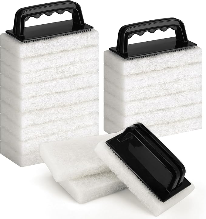18 Pack Handled Bath Scrubber Set Bathtub Scouring Pad 15 Non-Scratch Bathroom Scrubbing Pads with 3 Handles Reusable Cleaning Sponge for Cleaning Shower Tile Sink Pool Areas