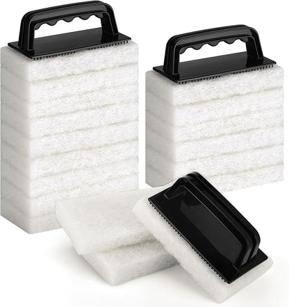 18 Pack Handled Bath Scrubber Set Bathtub Scouring Pad 15 Non-Scratch Bathroom Scrubbing Pads with 3 Handles Reusable Cleaning Sponge for Cleaning Shower Tile Sink Pool Areas