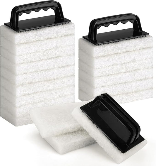 18 Pack Handled Bath Scrubber Set Bathtub Scouring Pad 15 Non-Scratch Bathroom Scrubbing Pads with 3 Handles Reusable Cleaning Sponge for Cleaning Shower Tile Sink Pool Areas