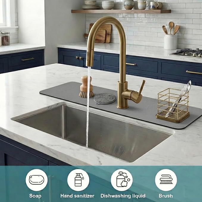 Customizable Faucet Mat for Kitchen Sink: 24" L x 4" W Grey Bathroom Counter Protector - Cuttable to Fit 2, 3 Hole & Oval Rectangle Square Faucet - Splash Guard for Irregular Sink with Soap Dispenser