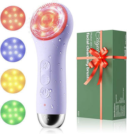 Face Scrubber Facial Cleansing Brush - Waterproof and Rechargeable Face Cleansing Brush with 4 LED Gentle Light, Cleansing, Exfoliating and Massaging, Electric Face Scrub Brush for Men & Women