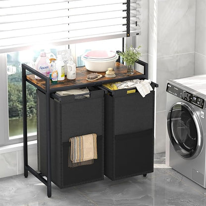 Huhote Laundry Hamper, double Laundry Basket, Laundry Sorter with Top Shelf & 2 Removable Washable Bags & Side Pockets for Laundry Room organization, Bathroom and Dorm, Rustic Brown and Black