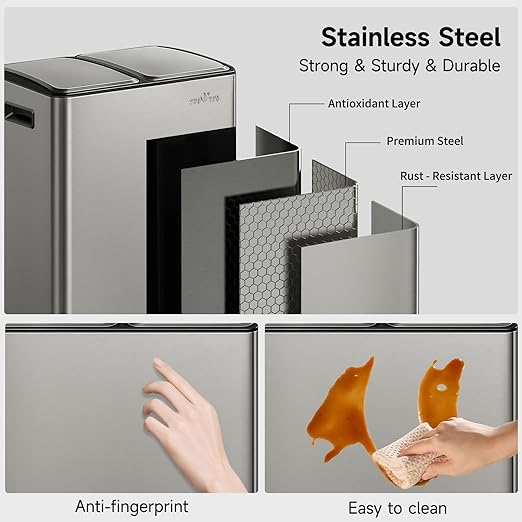mVm Dual Trash Can, 2x5.3 Gal Stainless Steel Step Trash Can with Thick Lids, 2 Compartment Recycle Bin for Home Kitchen Office (Gray)