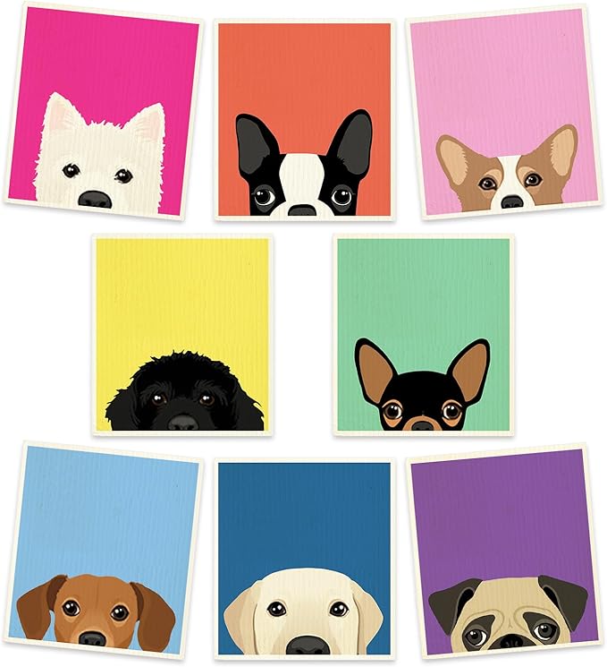 8 Packs Cute Dog Swedish Dishcloths Assorted Puppy Pattern Kitchen Towels Colorful Reusable Cotton Absorbent Dish Towels for Home Party Housewarming Cleaning, 7 x 8 Inch