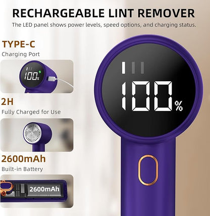 Fabric Shaver, Lint Remover Rechargeable, Electric Portable Sweater Defuzzer with 3 Speeds, 6 Leaf Blades, Digital LED Display to Remove Pilling for Clothes, Furniture, Sweater, Couch, Blanket