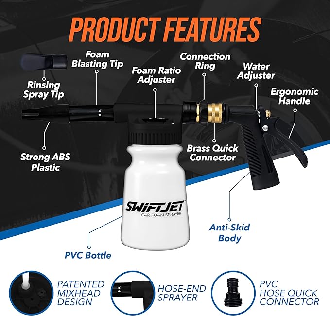 SwiftJet Car Wash Foam Gun + Microfiber Wash Mitt - Works with Any Soap - Garden Hose Car Foam Sprayer - Foam Cannon Car Wash Kit - Car Accessories Foam Blaster (Black Foam Gun with Mitt)