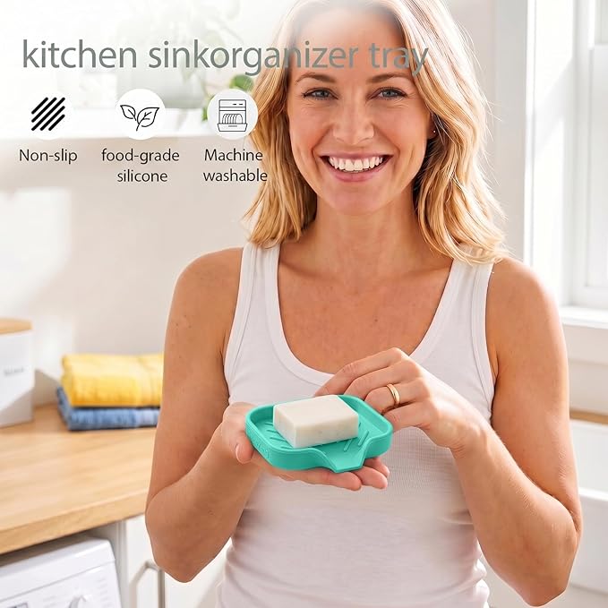 MicoYang Silicone Bathroom Soap Dishes with Drain Spout-Bathroom and Kitchen Sink Organizer,Sponge Holder,Dish Soap Tray,Perfect for Dispenser,Scrubber,Bottle,Cup on Sink or Counter-Mint 4.9"×3.2"