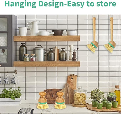 TOPULORS Set of 3 Bamboo Dish Scrub Brushes Wooden Handle Stiff Bristles Scrubbers for Cast Iron Pans Pots Vegetables Sink Cleaning - Durable Kitchen Dish Washing Brush (2 Mini and 1 Long Handle)…