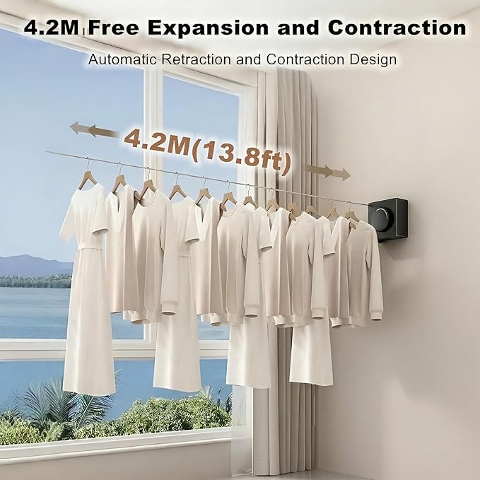 13.8ft(4.2M) Retractable Clothesline, Non-sag Clothesline, Indoor & Outdoor Heavy Duty Retractable Clothesline, Wall Mounted Stainless Steel Washing Line (Black)