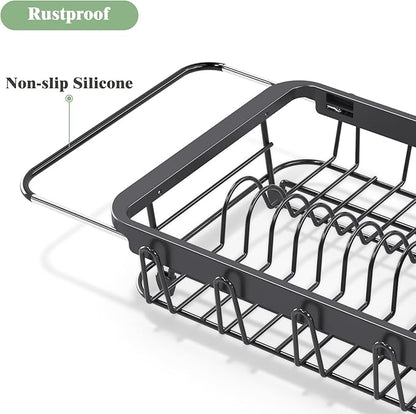 Urackify Expandable Dish Drying Rack Over The Sink, Adjustable Dish Rack in Sink, Rustproof Dish Drainer for Kitchen Counter, Dish Strainer with Utensil Holder, Black