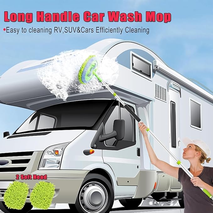 69'' Car Wash Brush with Long Handle, Car Wash Kit with Tire Brush, Tower, Window Squeegee, Chenille Microfiber,Car Detailing Brushes, Car Cleaning Brush Kit Supplies for Car, Truck, SUV, RV