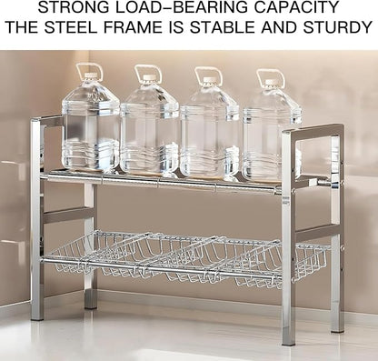 Large Under Sink Organizer 2 Tier Expandable Heavy Stainless Steel Shelf Adjustable Height for Under Kitchen Bathroom Sink Organizers and Storage (Large Size: 4 Panels 4 Storage Baskets)