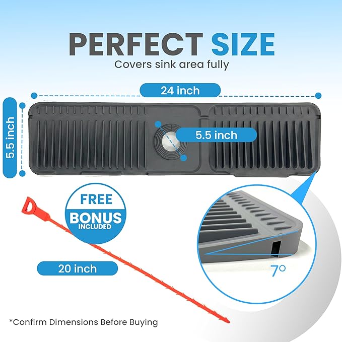 24 Inch Silicone Sink Splash Guard with Drain Cleaning Sticks (2 Pack) – Faucet Mat for Kitchen Sink, Food-Grade Silicone Drying Mat, Hair & Food Clog Remover for Kitchen & Bathroom