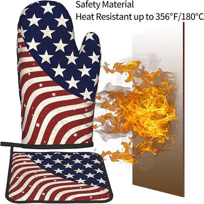 Patriotic Oven Mitts - American Flag Kitchen Mitts Pot Holders 4th of July Hot Mitts Independence Memorial Day Hot Pads Sets of 2 for Cooking Baking Grilling