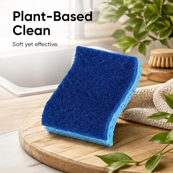 Non-Scratch Cellulose Sponge Kitchen Scrub Sponge with Scouring Pad Set, Good for Non-Stick Cookware Frying Pan, Pot, Counter Top, Sink Scrubbing, Kitchen Scrubbers, Pack of 2, (Blue)