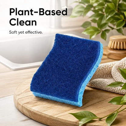 Non-Scratch Cellulose Sponge Kitchen Scrub Sponge with Scouring Pad Set, Good for Non-Stick Cookware Frying Pan, Pot, Counter Top, Sink Scrubbing, Kitchen Scrubbers, Pack of 2, (Blue)