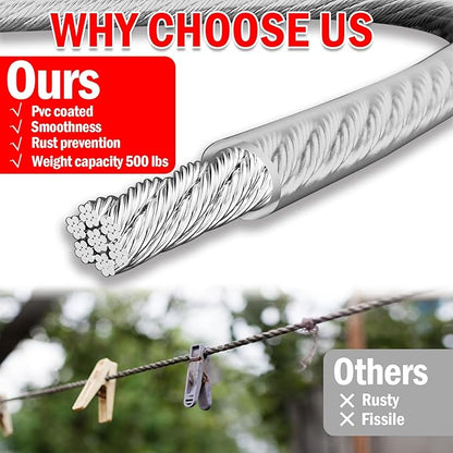 40ft Clothes Line Outdoors 3/16" Wire Ropes Silver PVC Coating Laundry Drying Clothesline with Metal Hooks and Snap Heavy Duty for Umbrella Travel Outside Camping Backyard