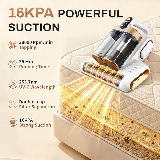Cordless Mattress Vacuum Cleaner, 16Kpa Bed Vacuum Cleaner with 253.7nm UV-C Light & Ultrasonic Tech, HEPA Filter, Portable Handheld Vacuum for Bed Sofa Couch Crib & Pet Hair(Pearl White)