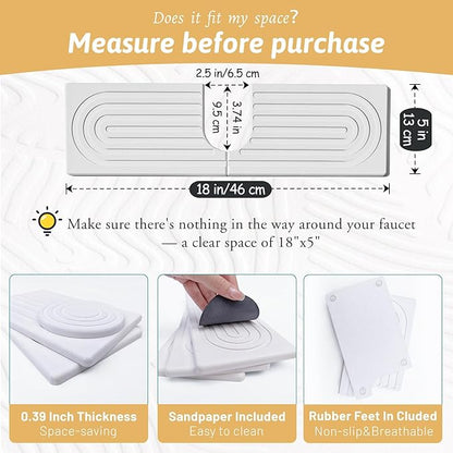 U Shape Sink Draining Mat Behind Faucet, Super Absorbent Diatomite Fast Drying Stone, Quick Drying Splash Guard, Prevents Moisture Buildup, Around Faucet Drip Mat for Kitchen Bathroom Counter, White